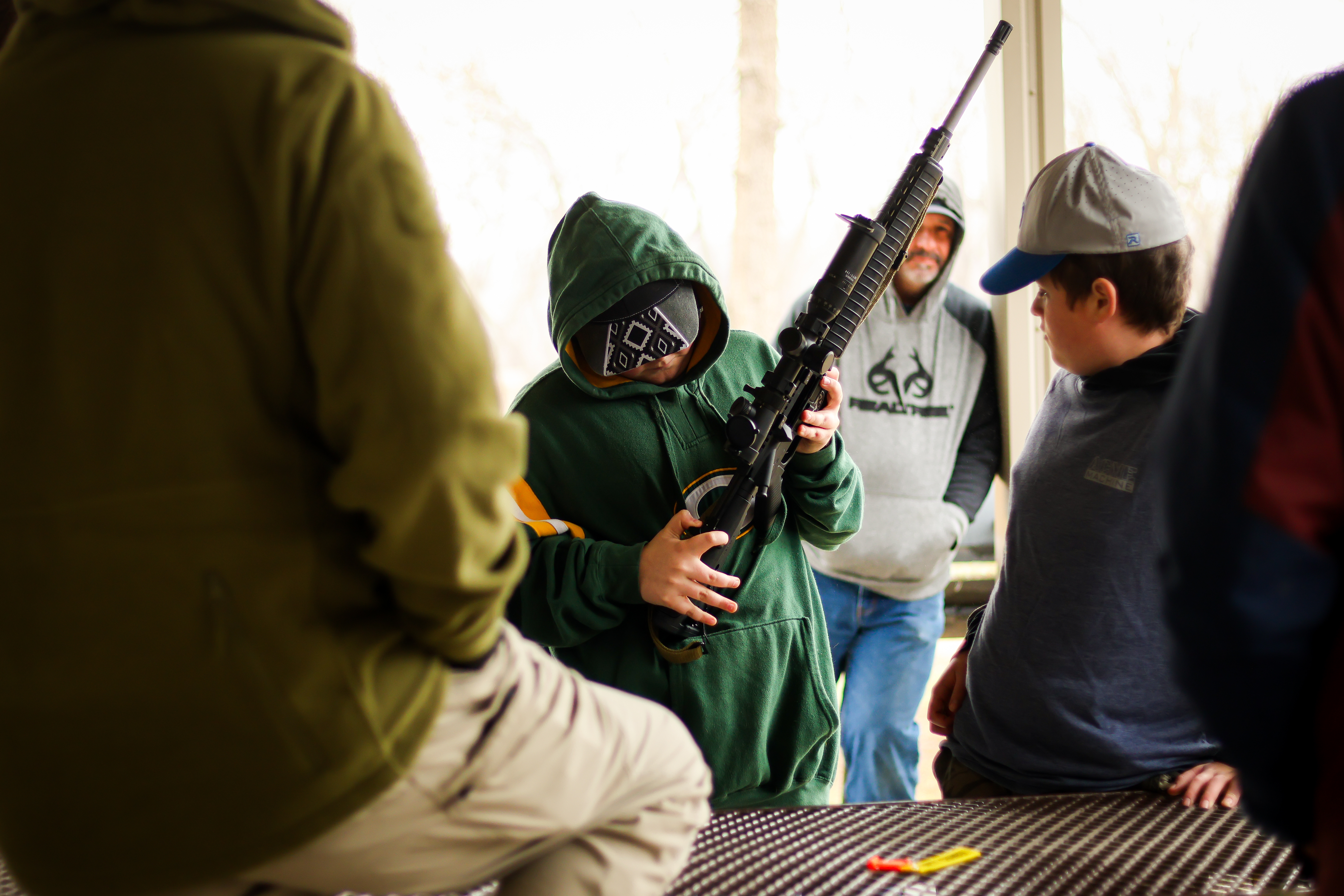 Dwayne Lewis of VFB training on Firearm Safety and fundamentals of equipment handling at the Iowa Junior High Power Rifle Clinic